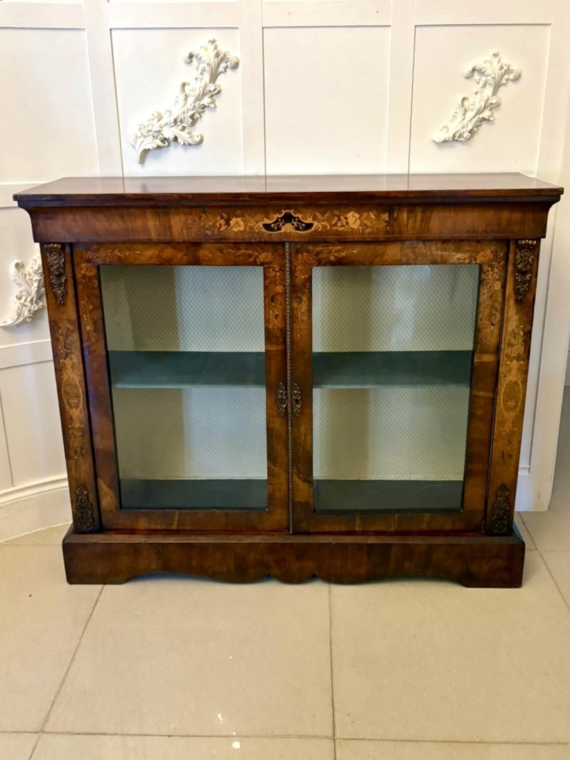 Antique Victorian Quality Figured Burr Walnut & Marquetry Inlaid Display Cabinet